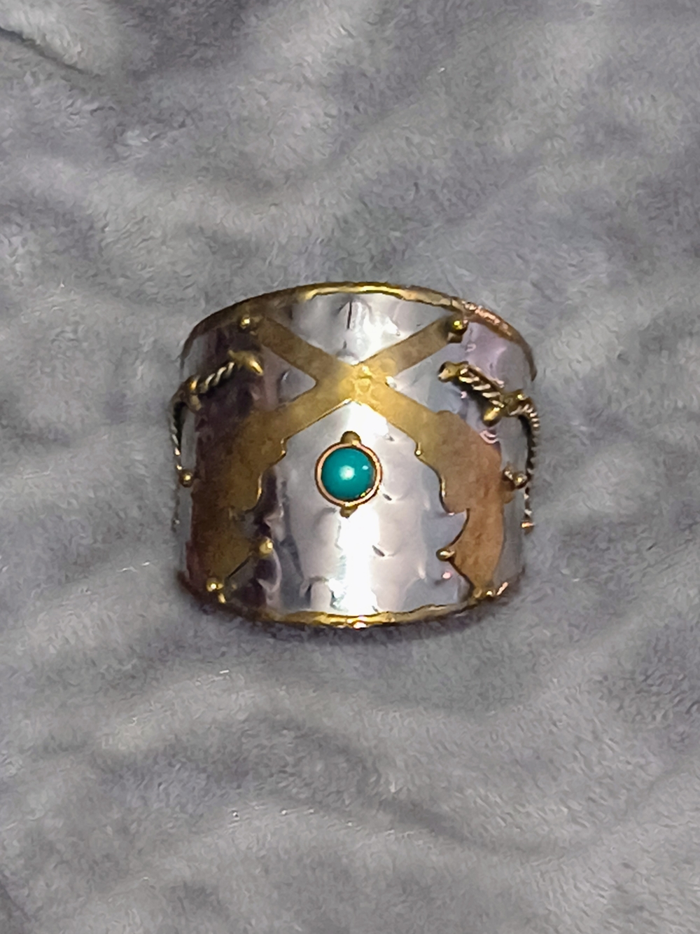 Crossed Pistol Gun and Turquoise Hammered Cuff Brass Bracelet